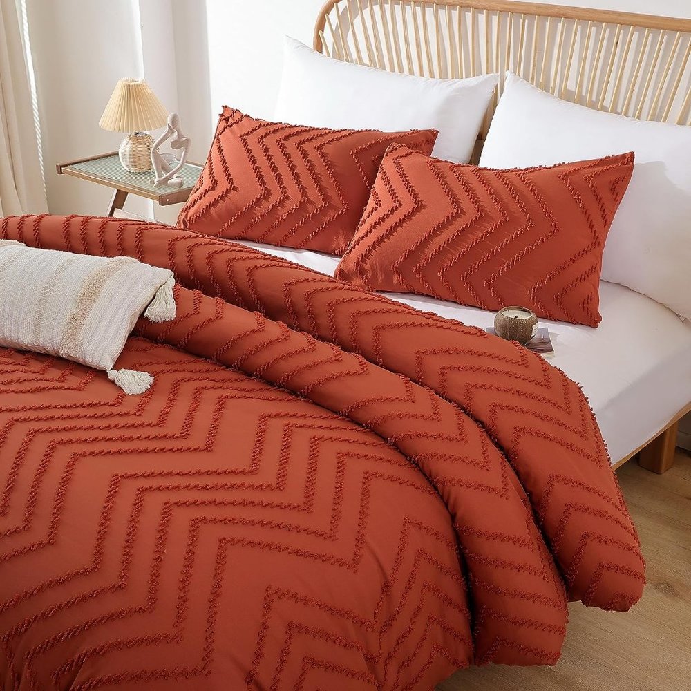 Chevron Texture Pumpkin Terra Cotta Full Size Bed Comforter Set Bedding Orange